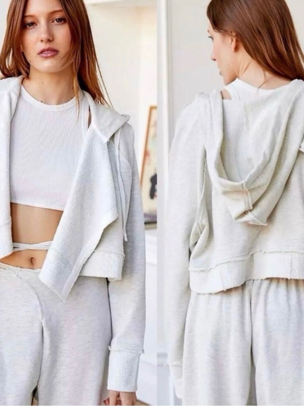 URBAN OUTFITTERS - Cropped Hooded Sweatshirt - Light Cream
